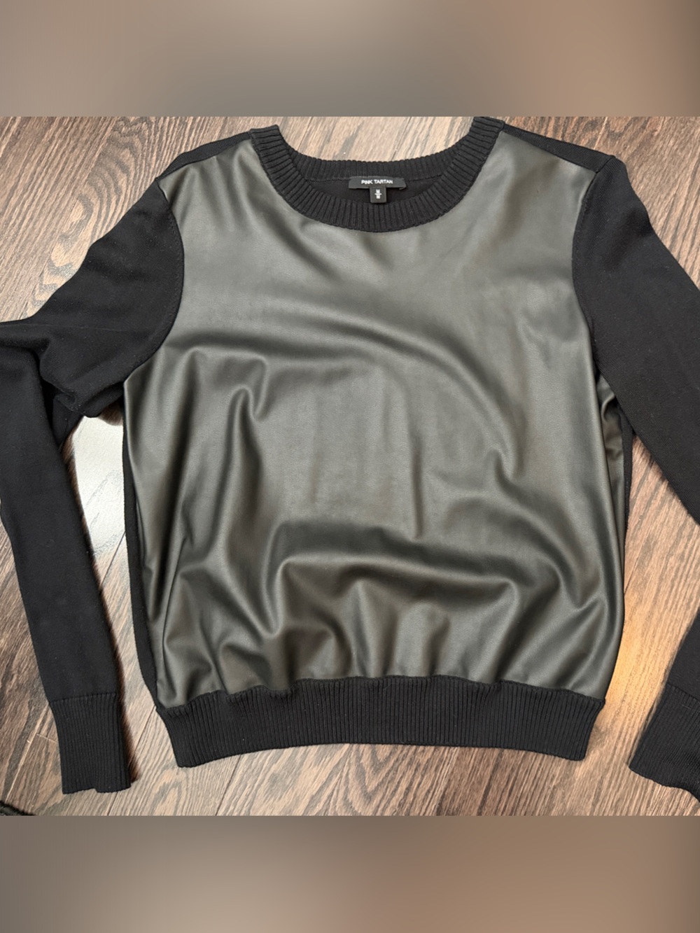 Pink Tartan Black Faux Leather Trim Crewneck Sweater